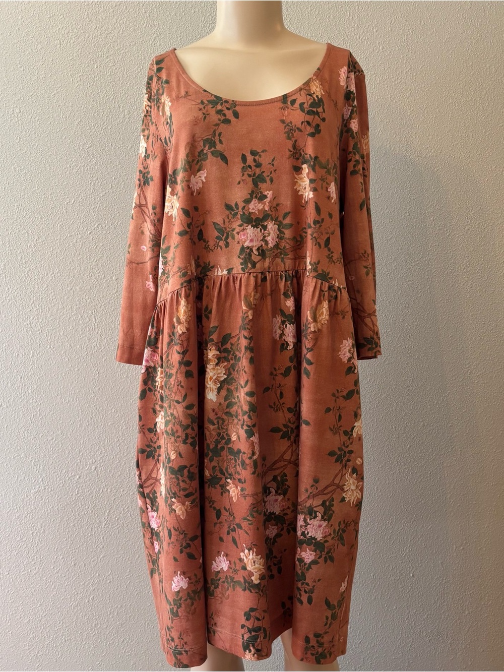 Peruvian Connection Wynyard Pima Cotton Floral 3/4 Sleeve Dress Apricot Sz Large
